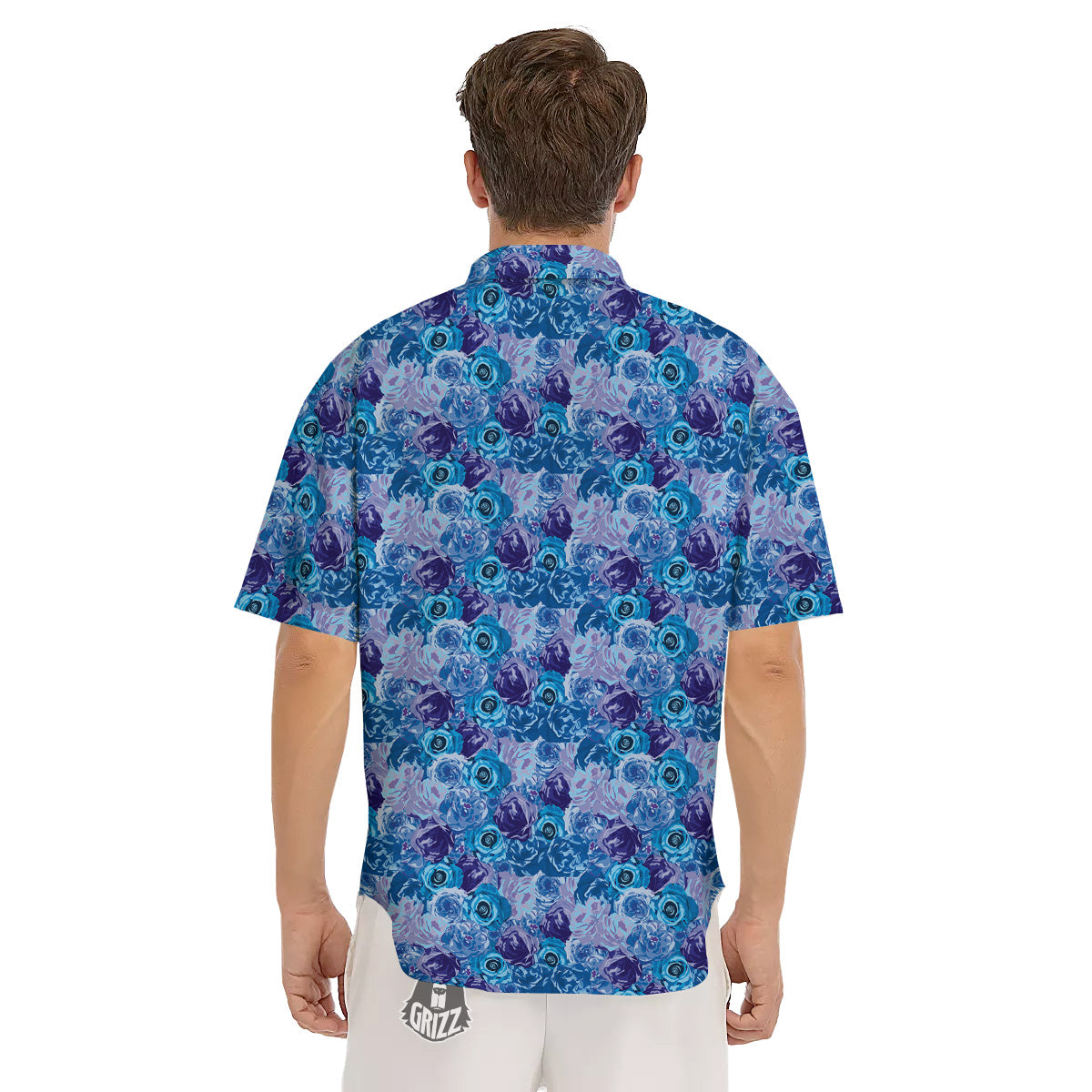 Bright Blue Rose Print Men's Short Sleeve Shirts-grizzshop