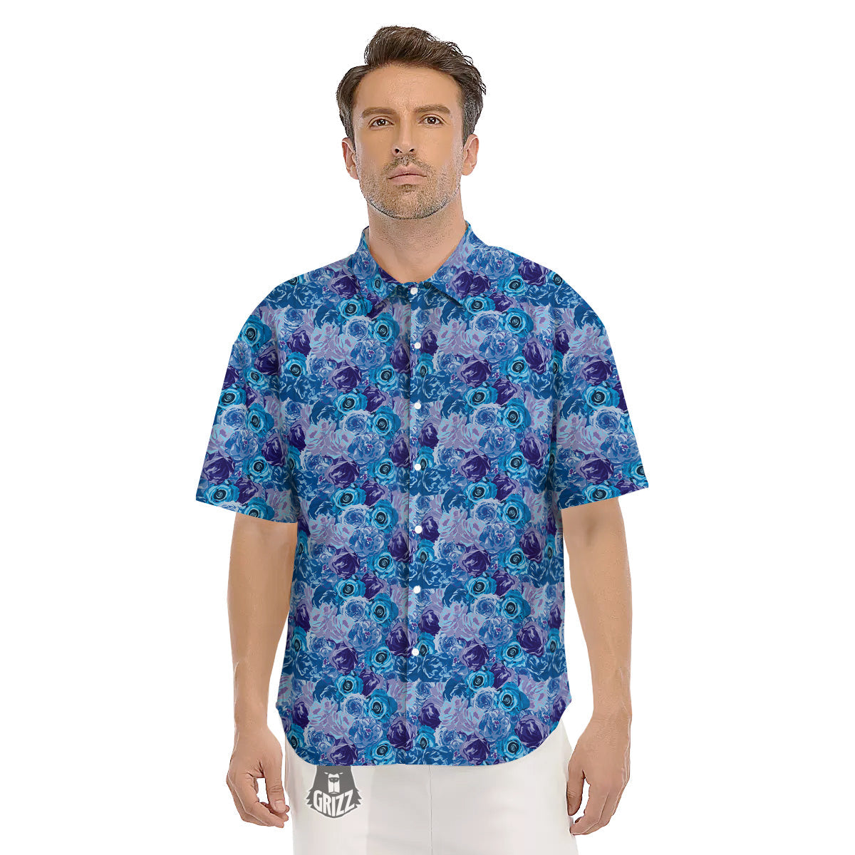 Bright Blue Rose Print Men's Short Sleeve Shirts-grizzshop