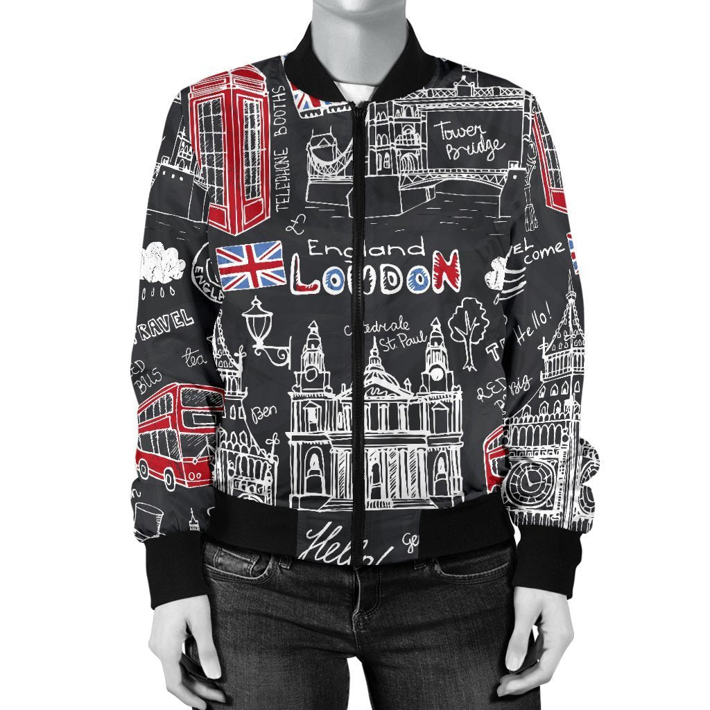British Pattern Print Women Casual Bomber Jacket-grizzshop