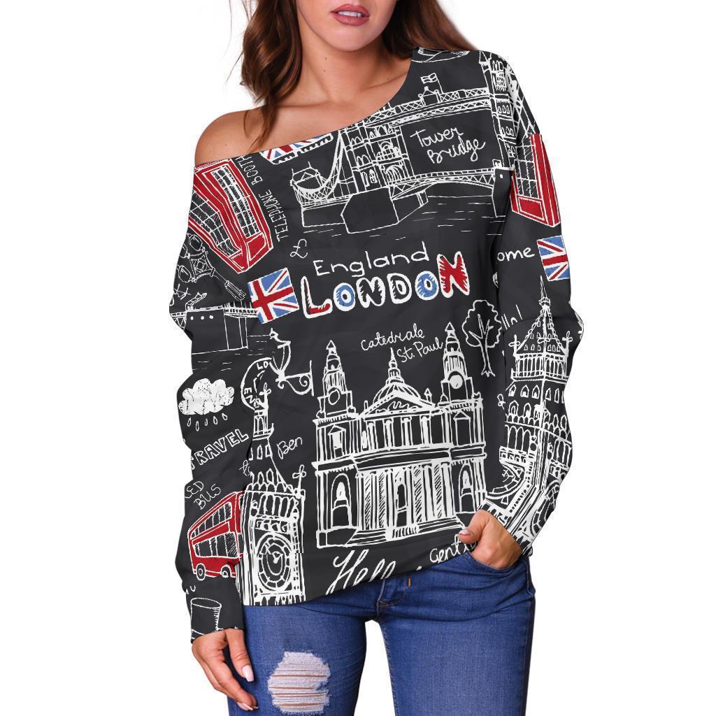 British Pattern Print Women Off Shoulder Sweatshirt-grizzshop