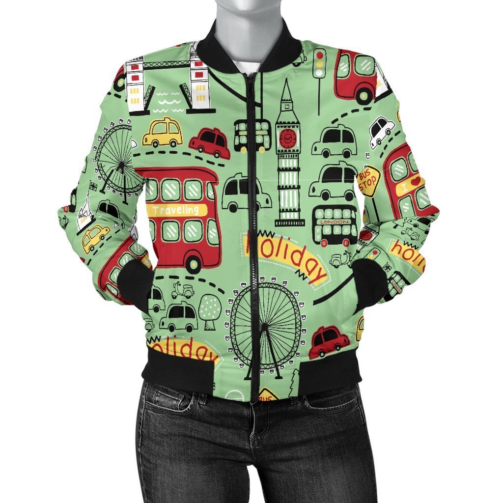 British Print Pattern Women Casual Bomber Jacket-grizzshop