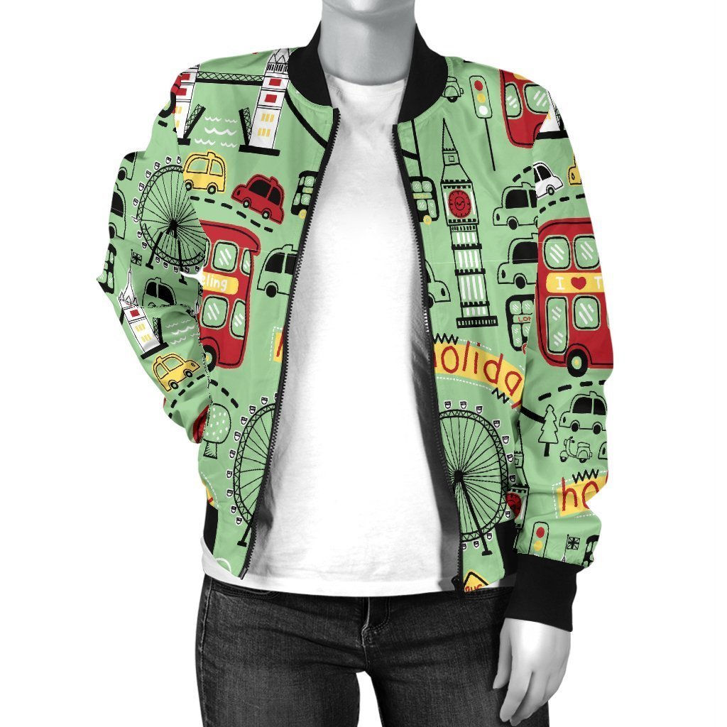 British Print Pattern Women Casual Bomber Jacket-grizzshop