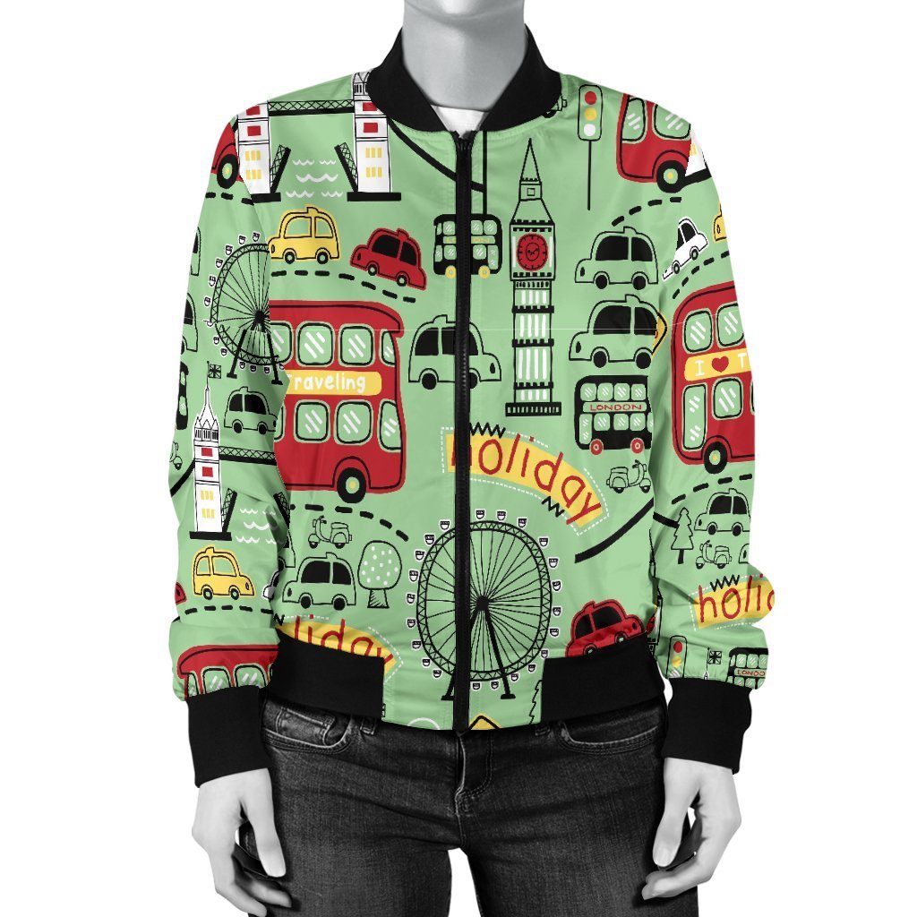 British Print Pattern Women Casual Bomber Jacket-grizzshop
