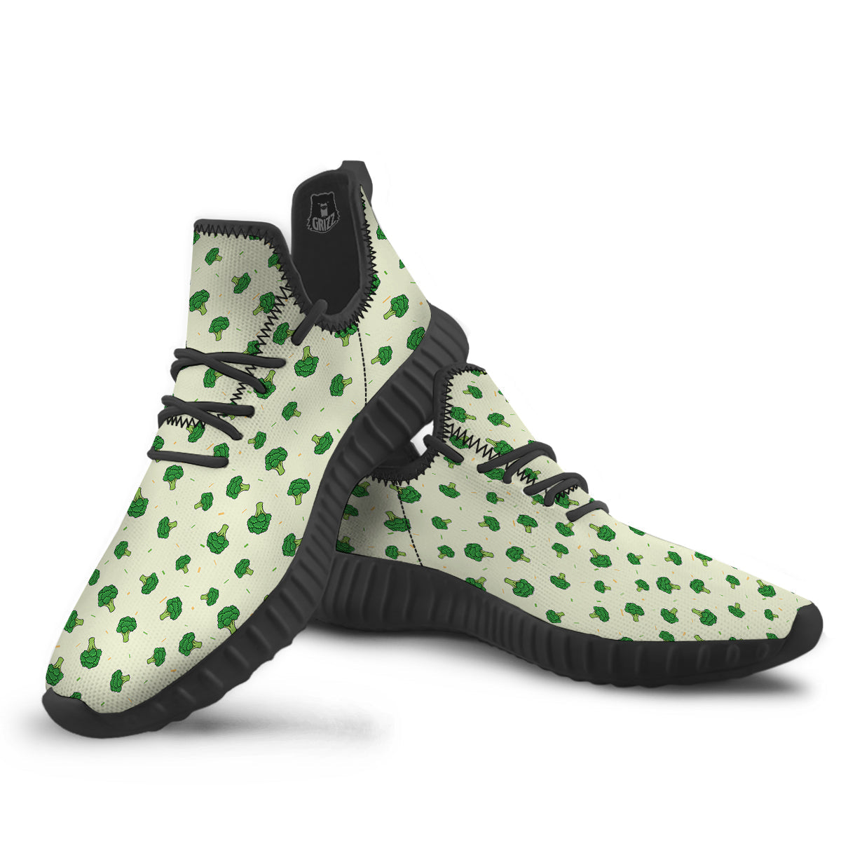 Broccoli Green Print Pattern Black Walking Shoes-grizzshop