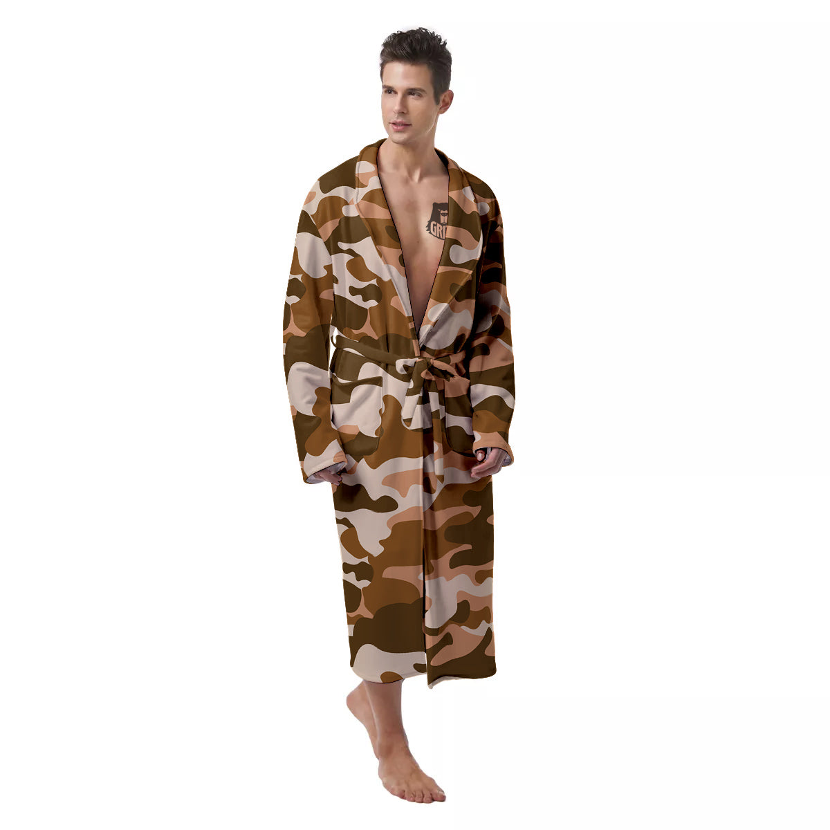 Bronze Camo And Camouflage Print Men's Robe-grizzshop