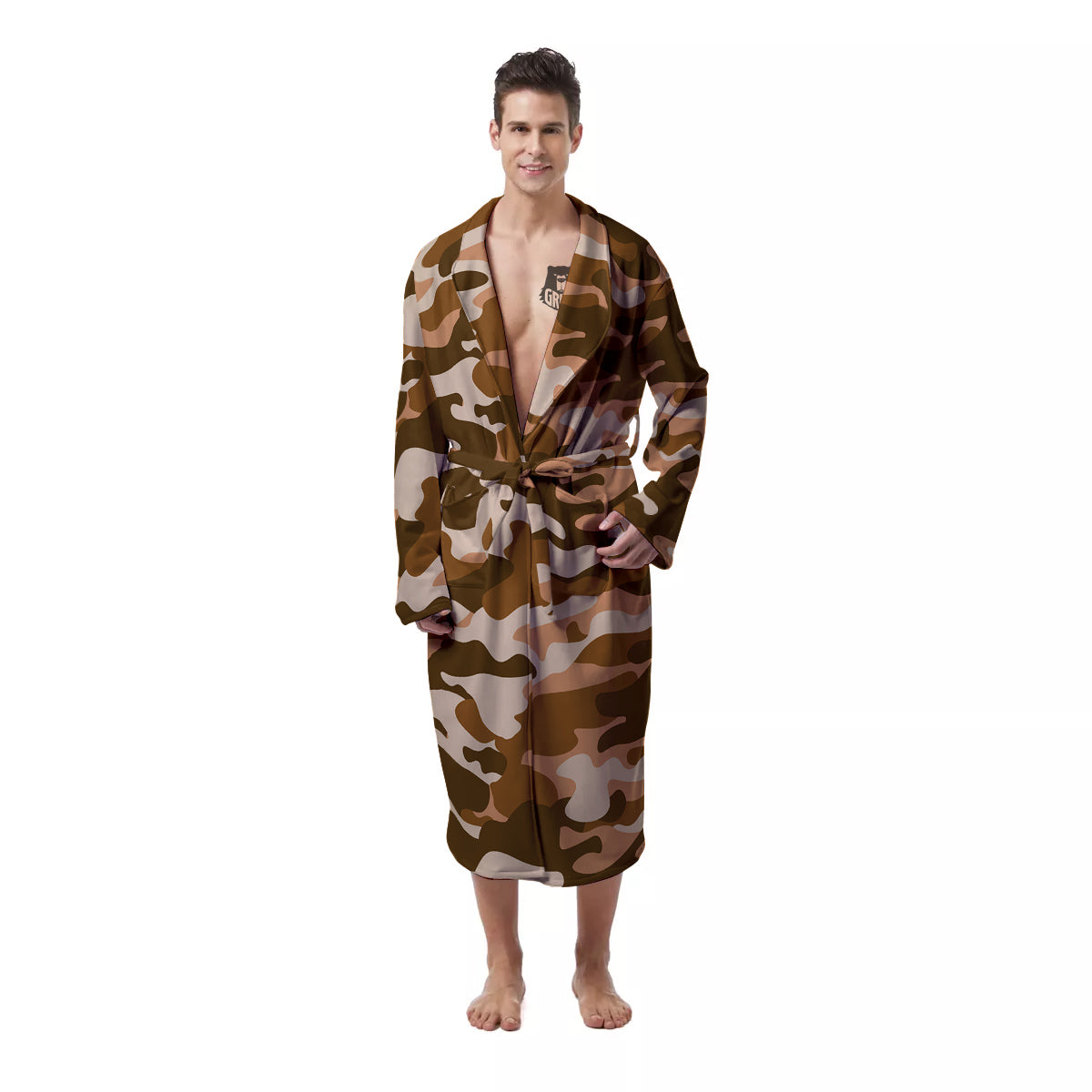 Bronze Camo And Camouflage Print Men's Robe-grizzshop