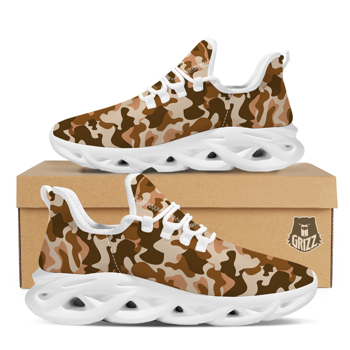 Bronze Camo And Camouflage Print White Running Shoes-grizzshop
