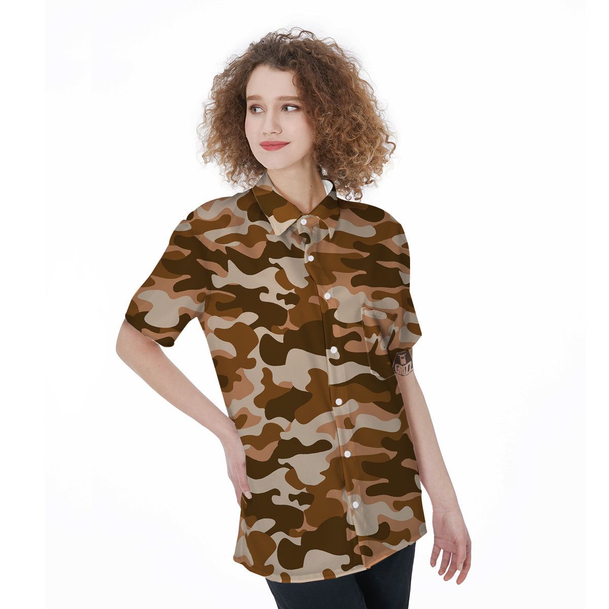 Bronze Camo And Camouflage Print Women's Short Sleeve Shirts-grizzshop