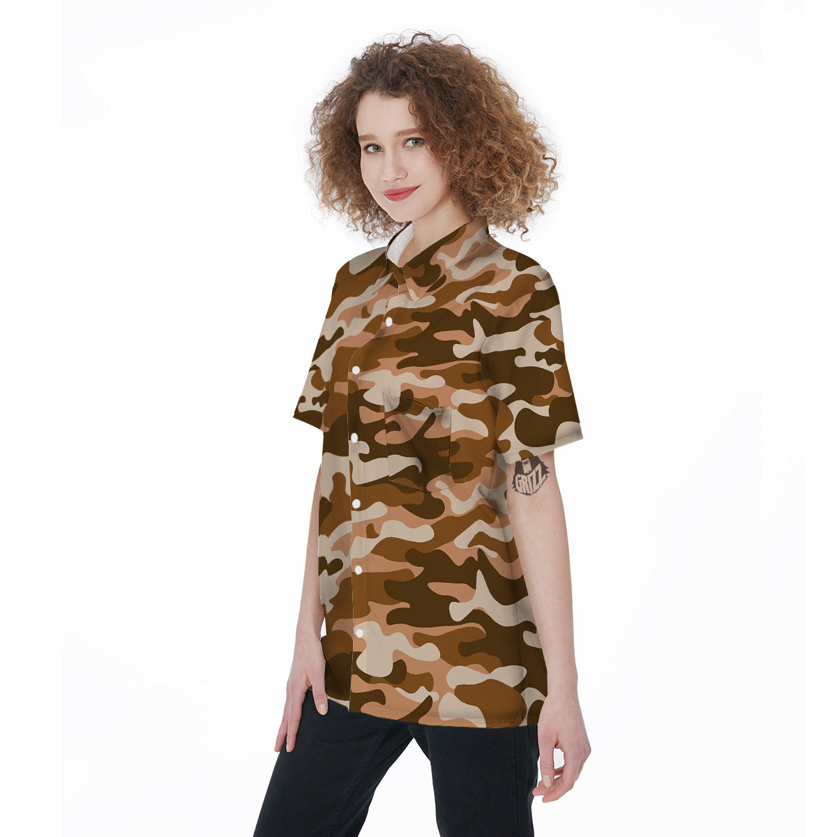 Bronze Camo And Camouflage Print Women's Short Sleeve Shirts-grizzshop