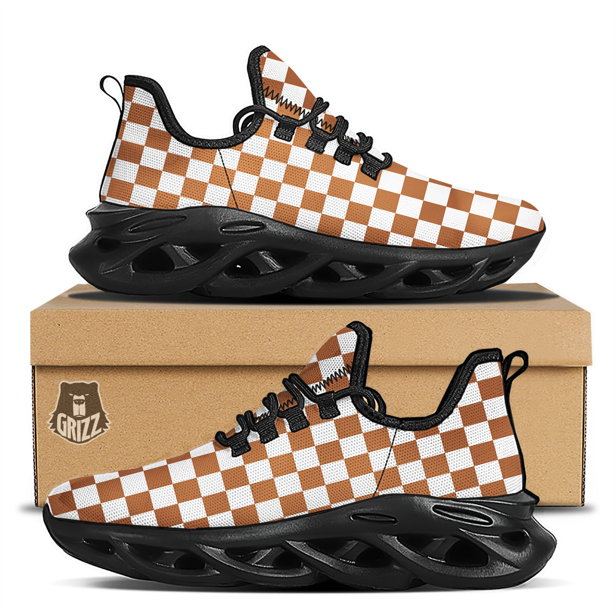 Bronze Checkered Flag Print Black Running Shoes-grizzshop