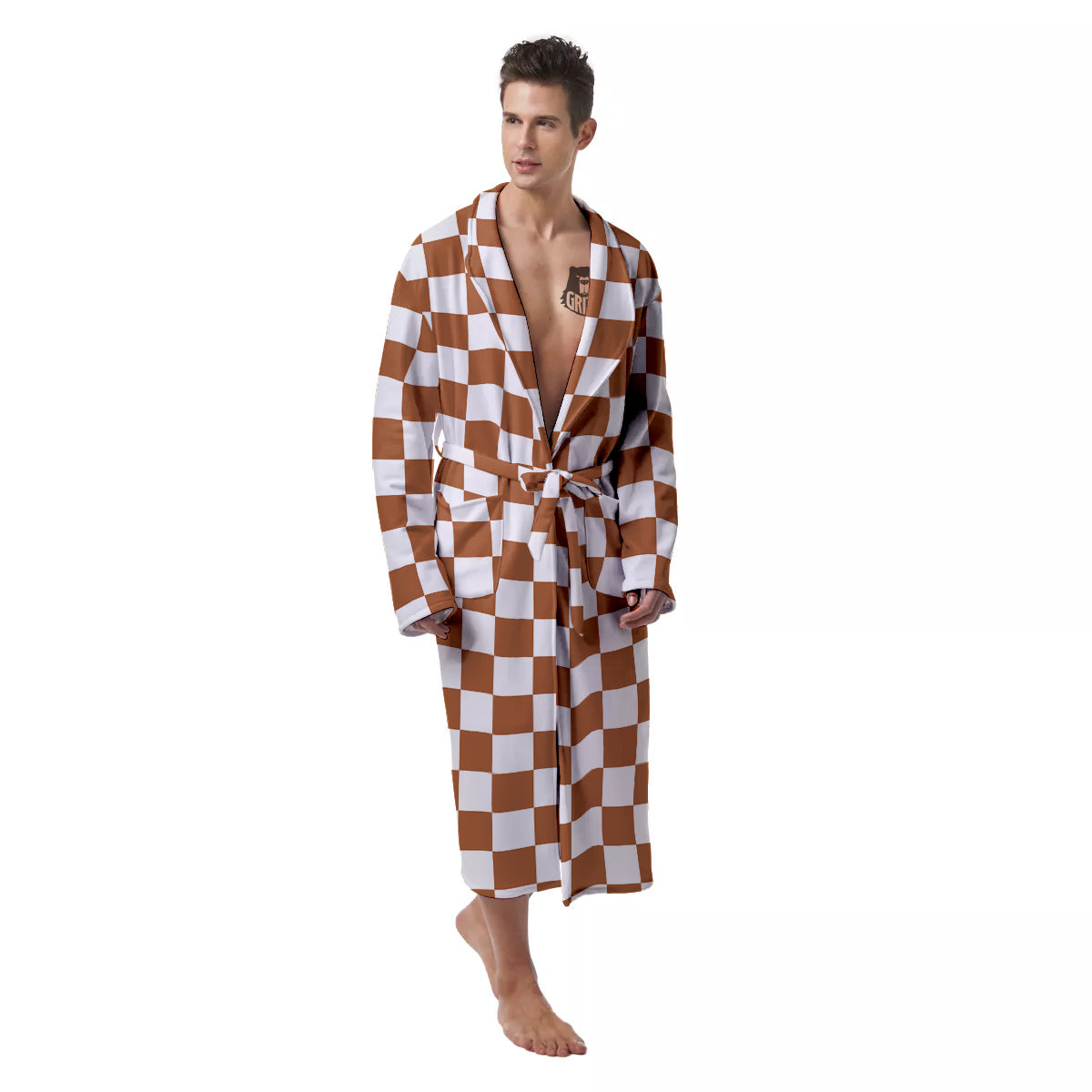 Bronze Checkered Flag Print Men's Robe-grizzshop