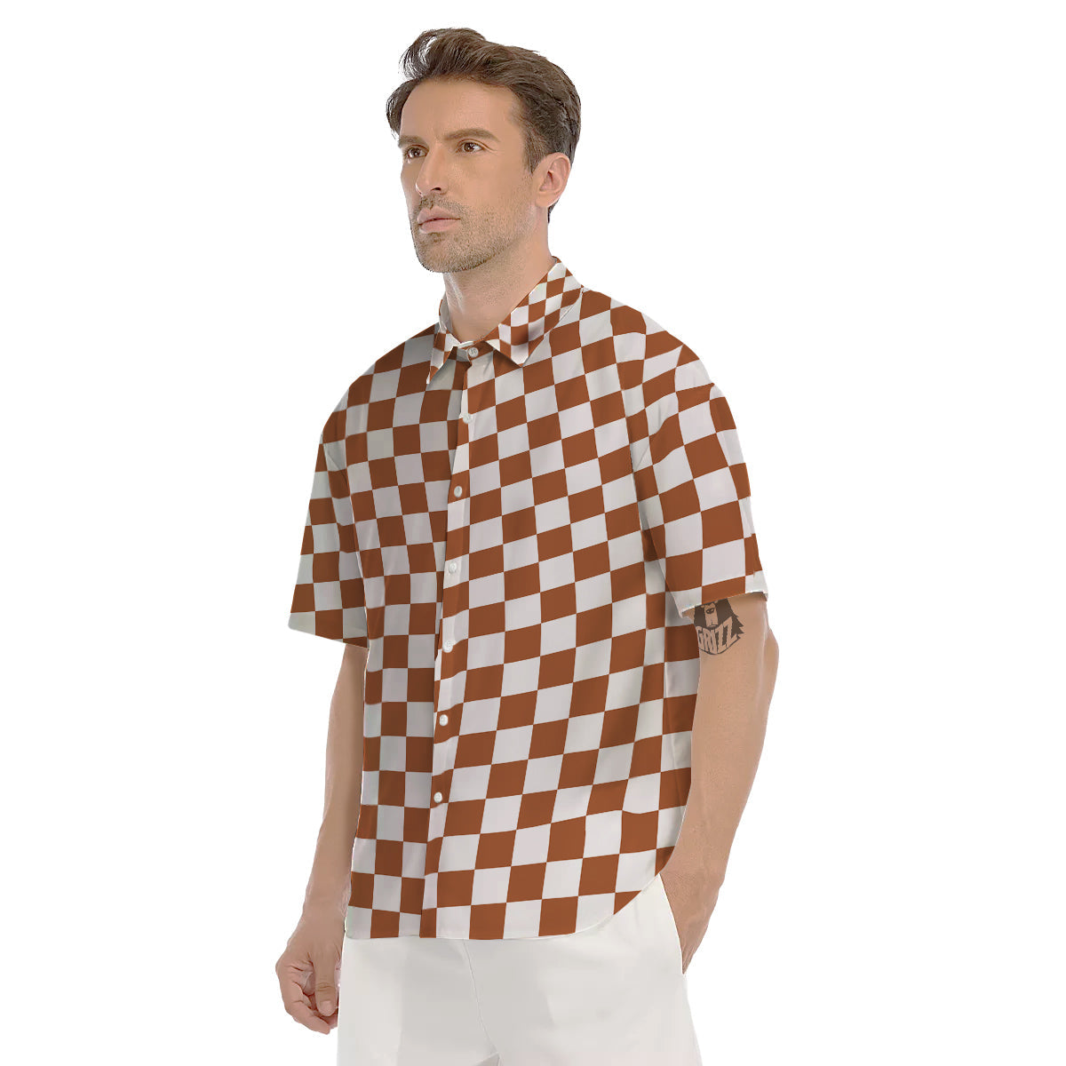 Bronze Checkered Flag Print Men's Short Sleeve Shirts-grizzshop