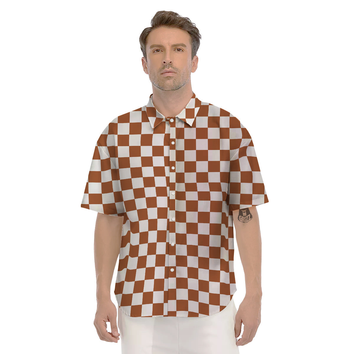 Bronze Checkered Flag Print Men's Short Sleeve Shirts-grizzshop