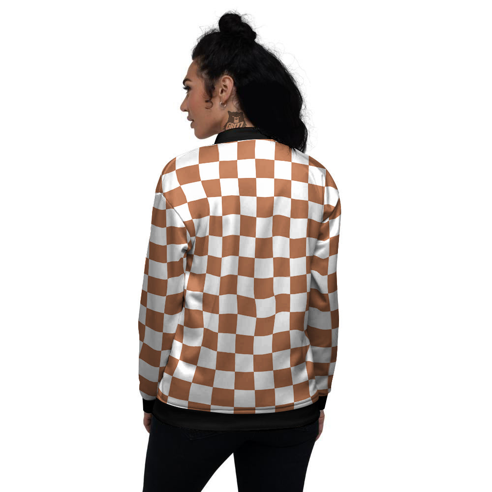 Bronze Checkered Flag Print Women's Bomber Jacket-grizzshop