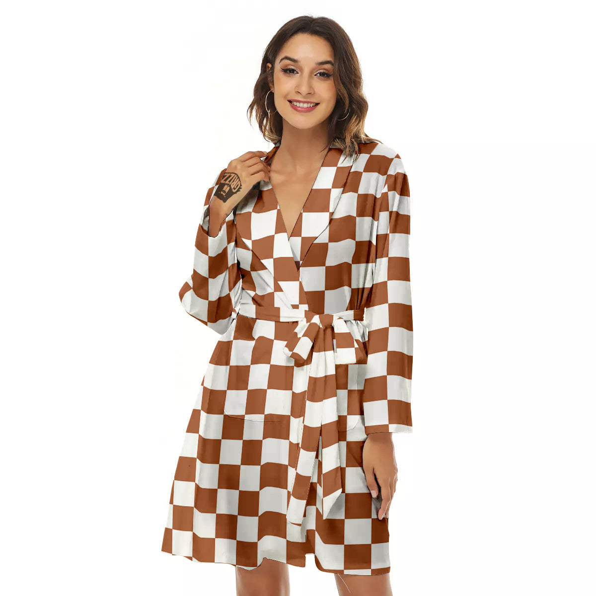 Bronze Checkered Flag Print Women's Robe-grizzshop