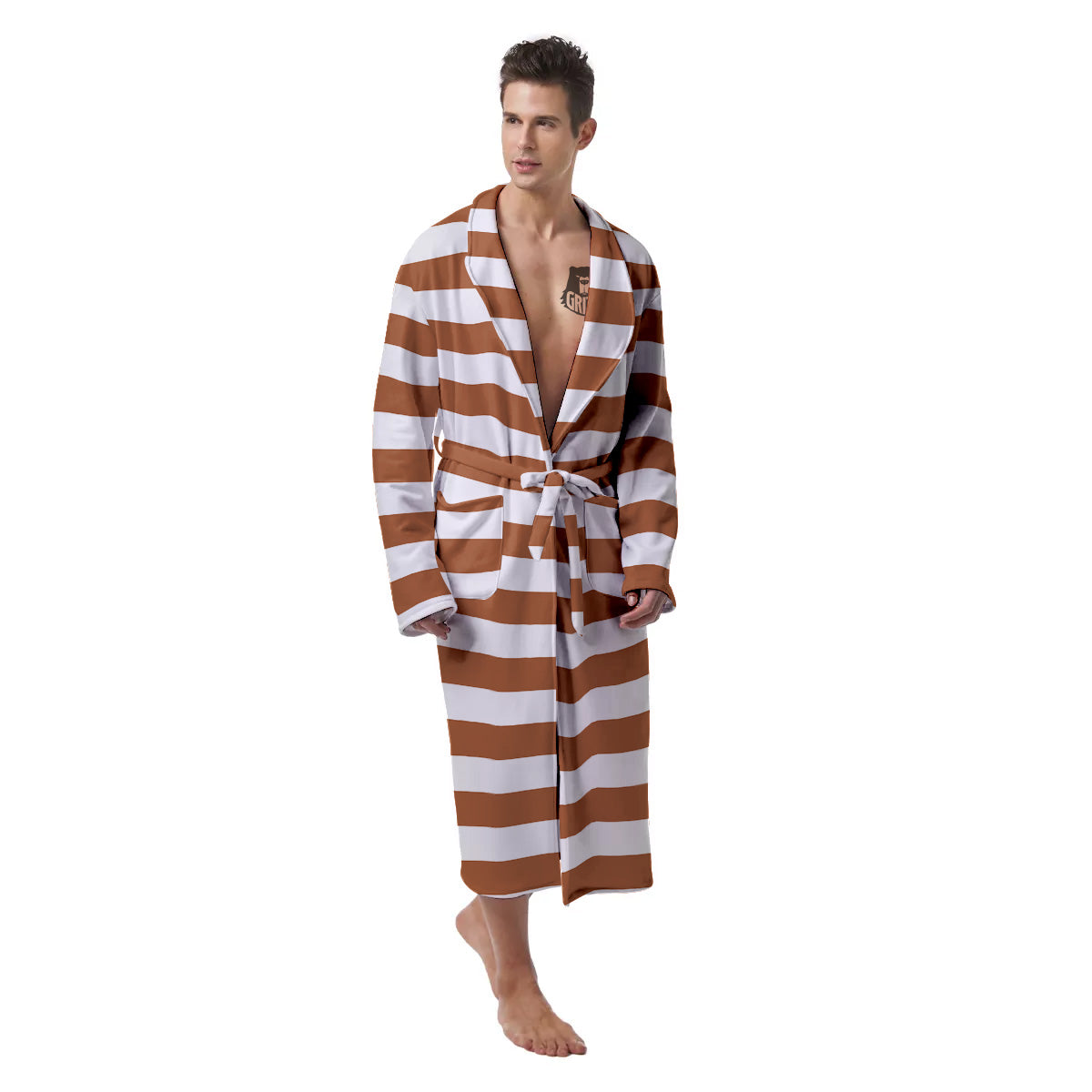 Bronze Color Striped Print Men's Robe-grizzshop