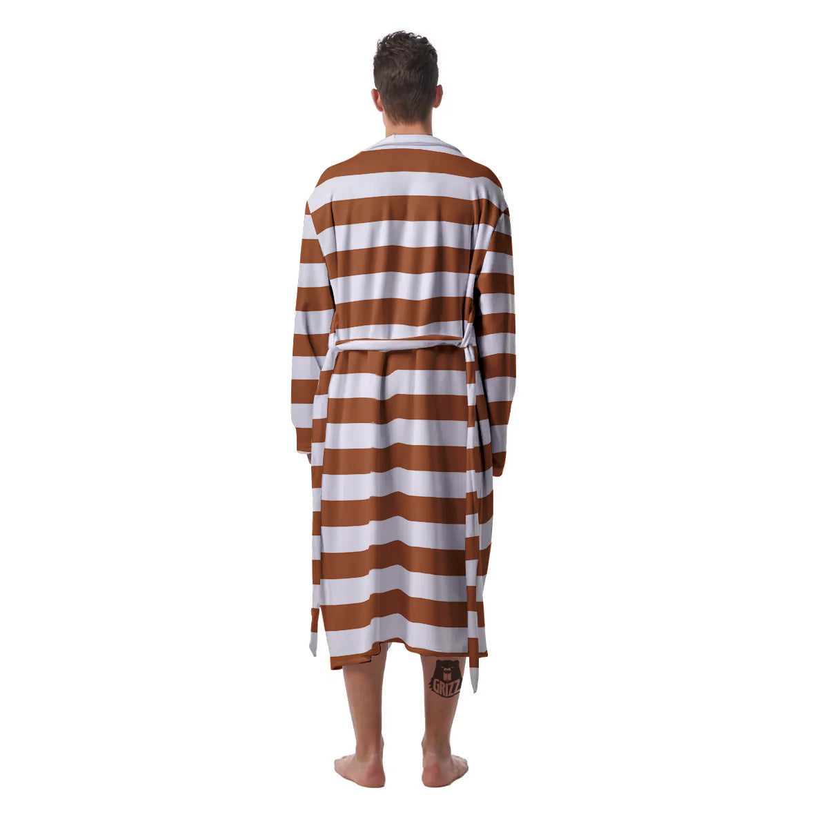 Bronze Color Striped Print Men's Robe-grizzshop