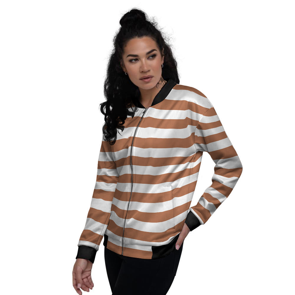 Bronze Color Striped Print Women's Bomber Jacket-grizzshop