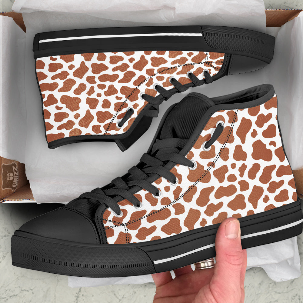 Bronze Cow Print Pattern Black High Top Shoes-grizzshop