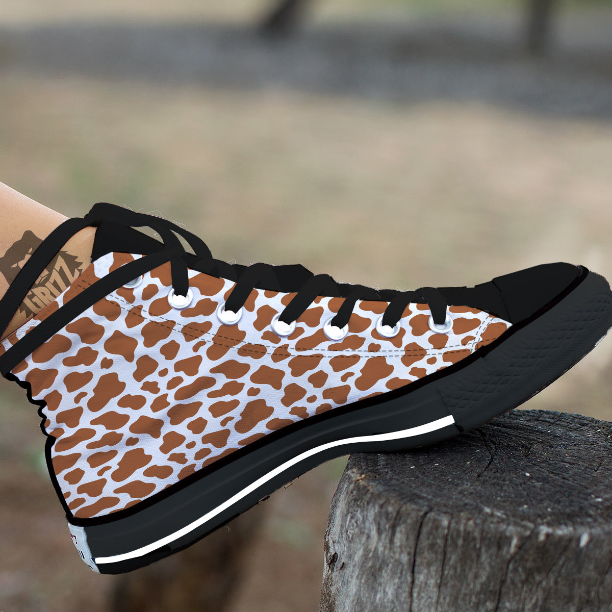 Bronze Cow Print Pattern Black High Top Shoes-grizzshop