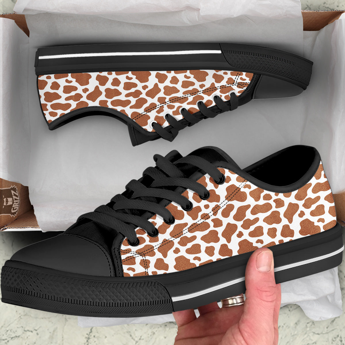 Bronze Cow Print Pattern Black Low Top Shoes-grizzshop