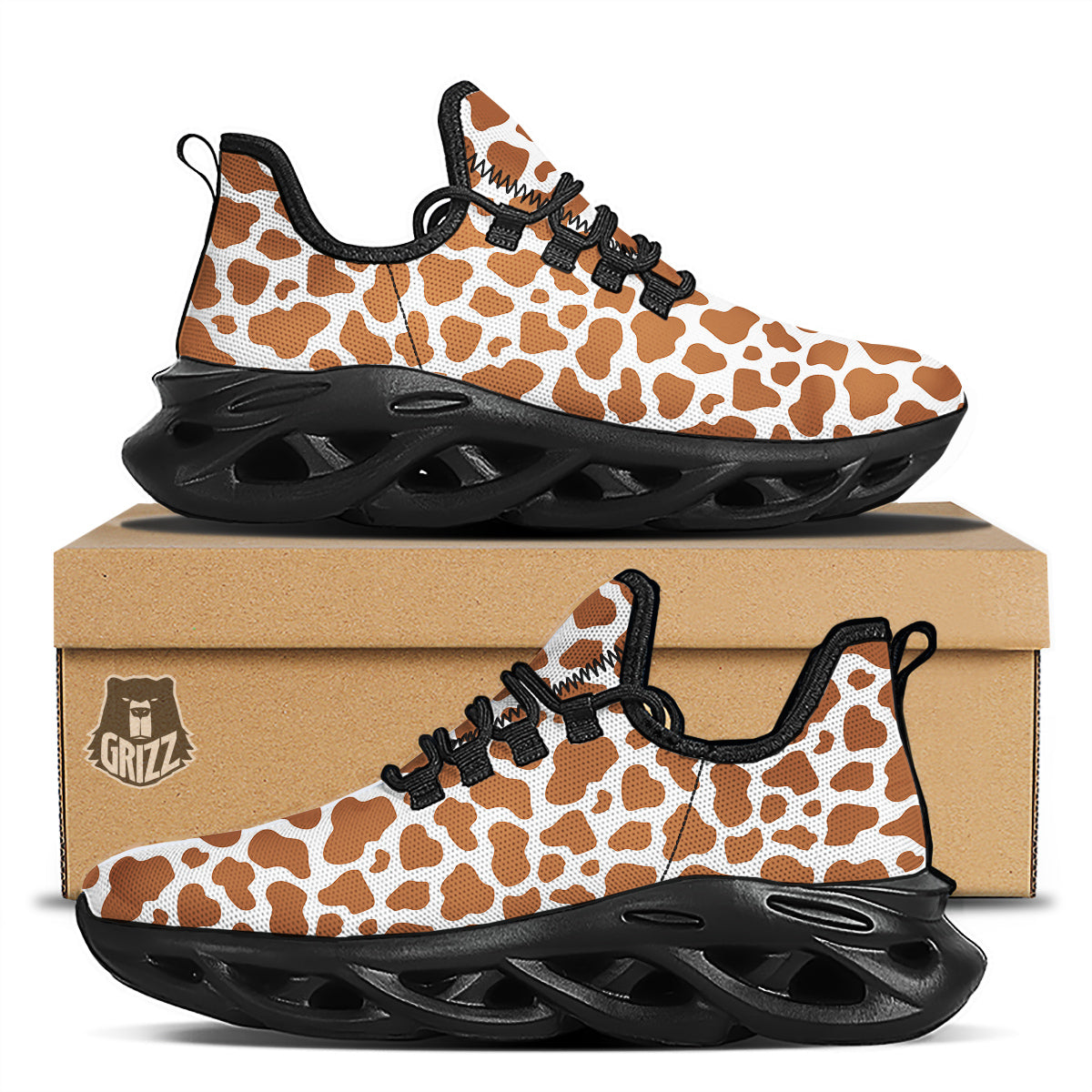 Bronze Cow Print Pattern Black Running Shoes-grizzshop