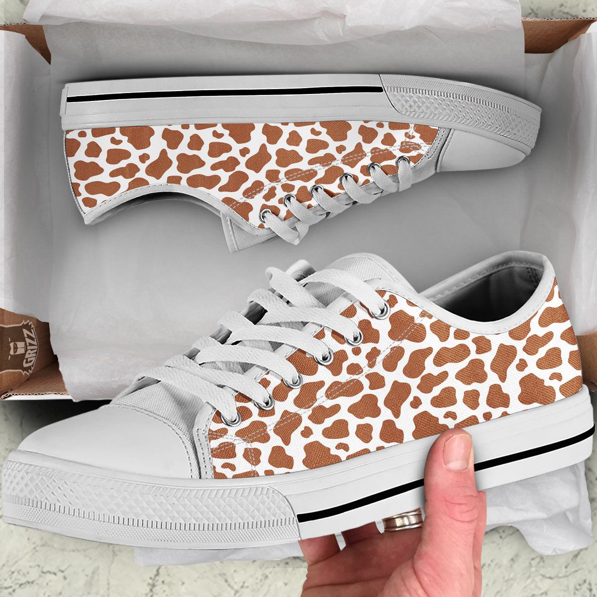 Bronze Cow Print Pattern White Low Top Shoes-grizzshop