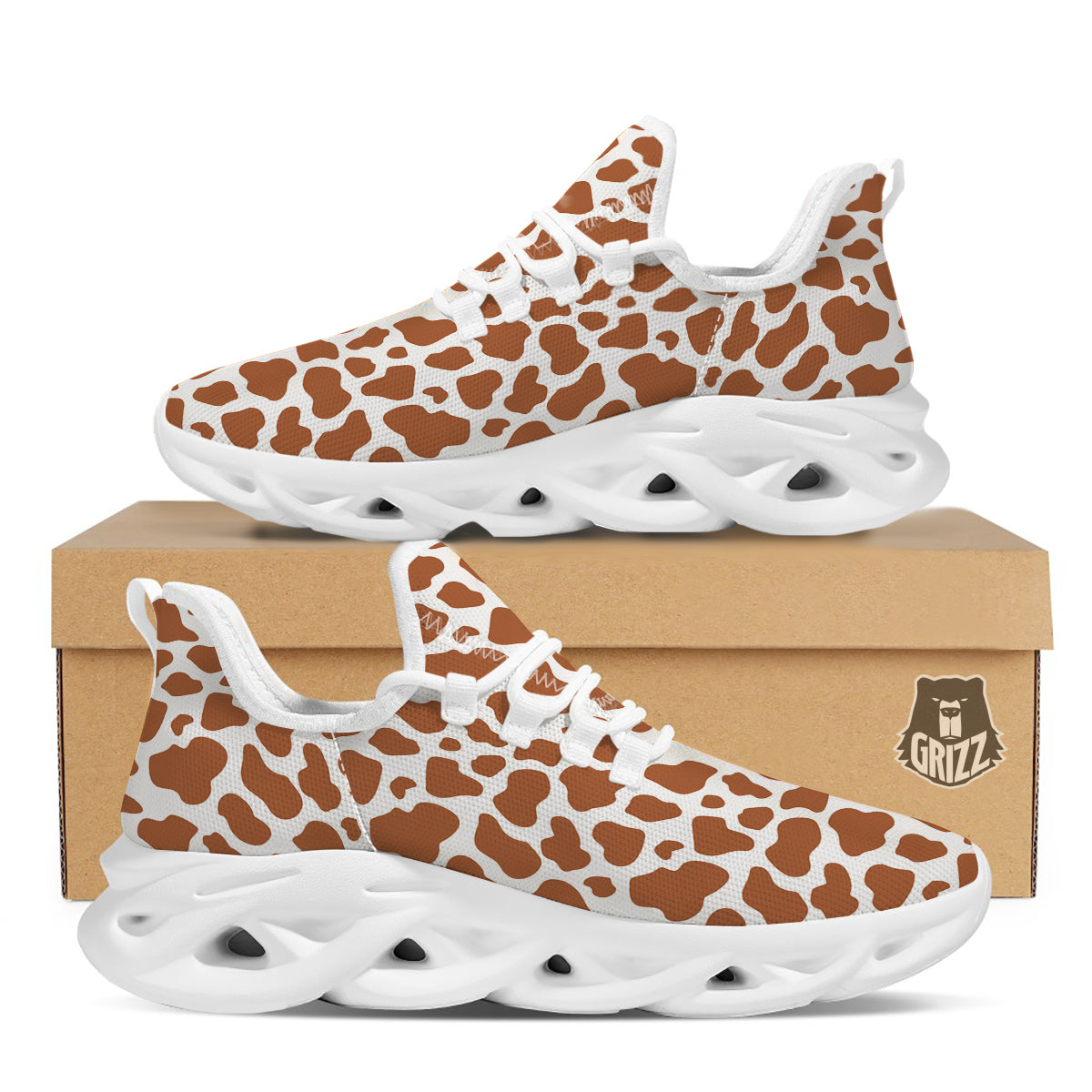 Bronze Cow Print Pattern White Running Shoes-grizzshop