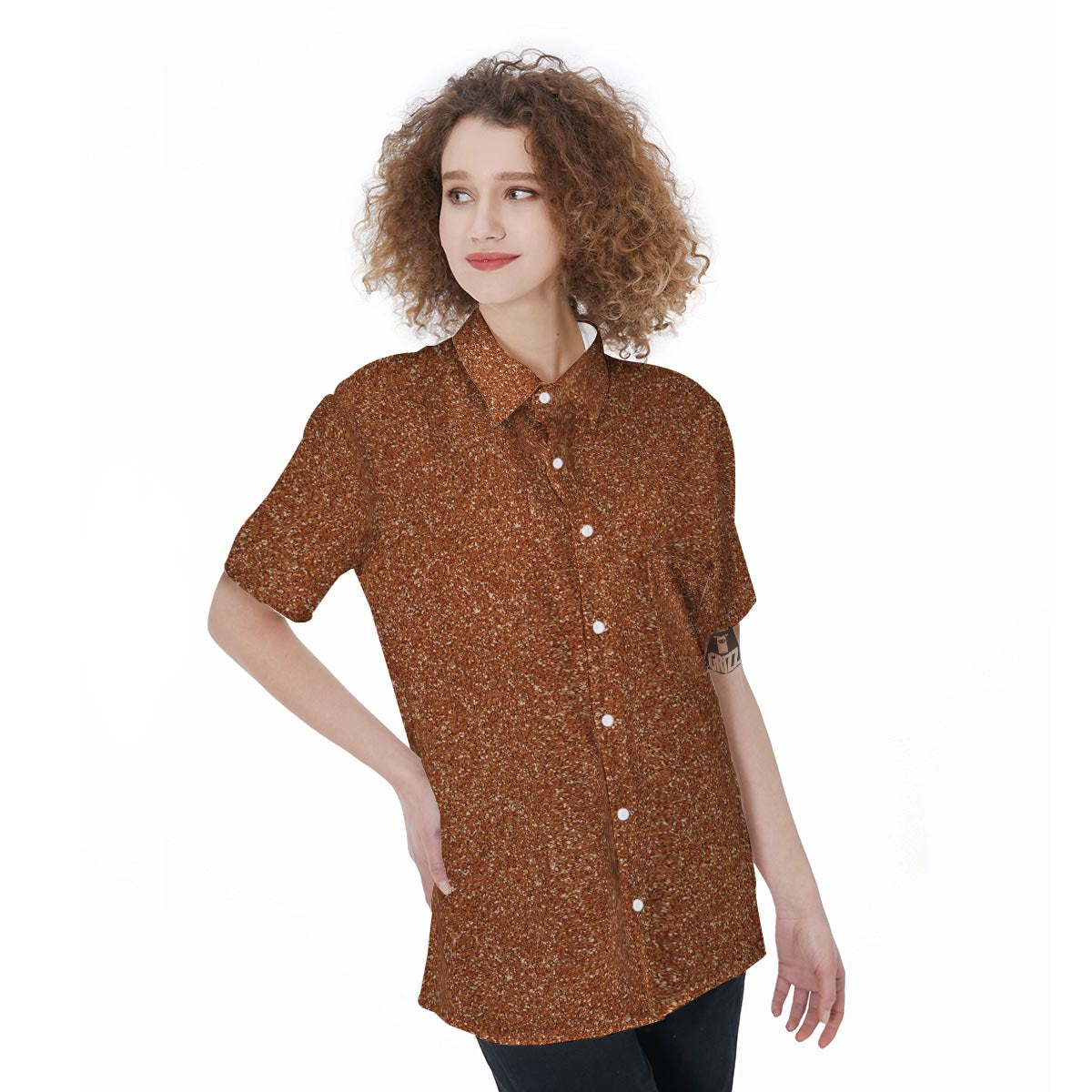 Bronze Glitter Texture Print Women's Short Sleeve Shirts-grizzshop