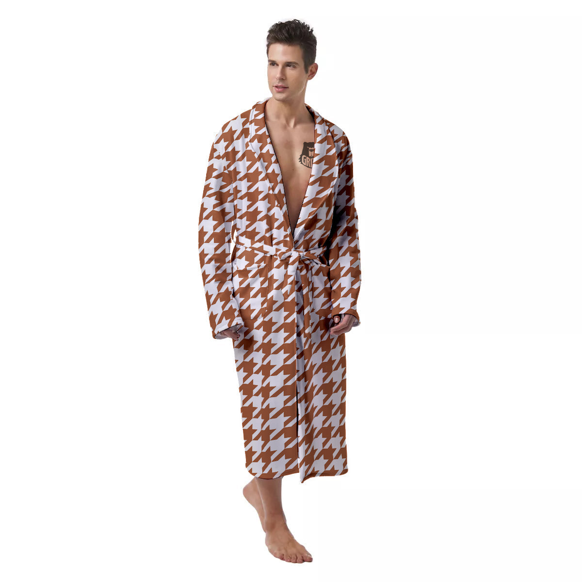 Bronze Houndstooth Print Men's Robe-grizzshop