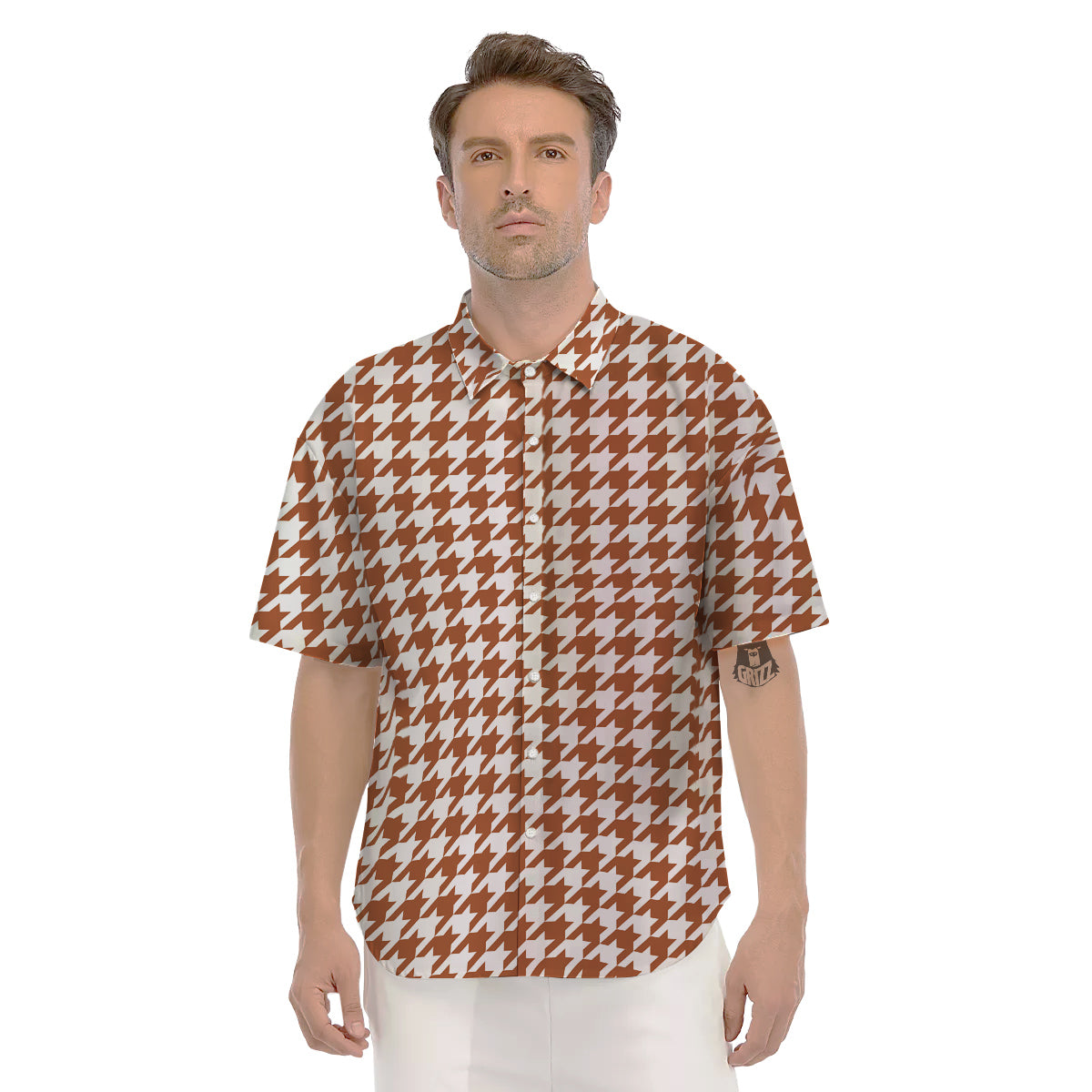 Bronze Houndstooth Print Men's Short Sleeve Shirts-grizzshop