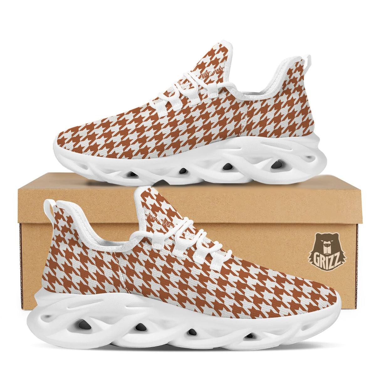 Bronze Houndstooth Print White Running Shoes-grizzshop