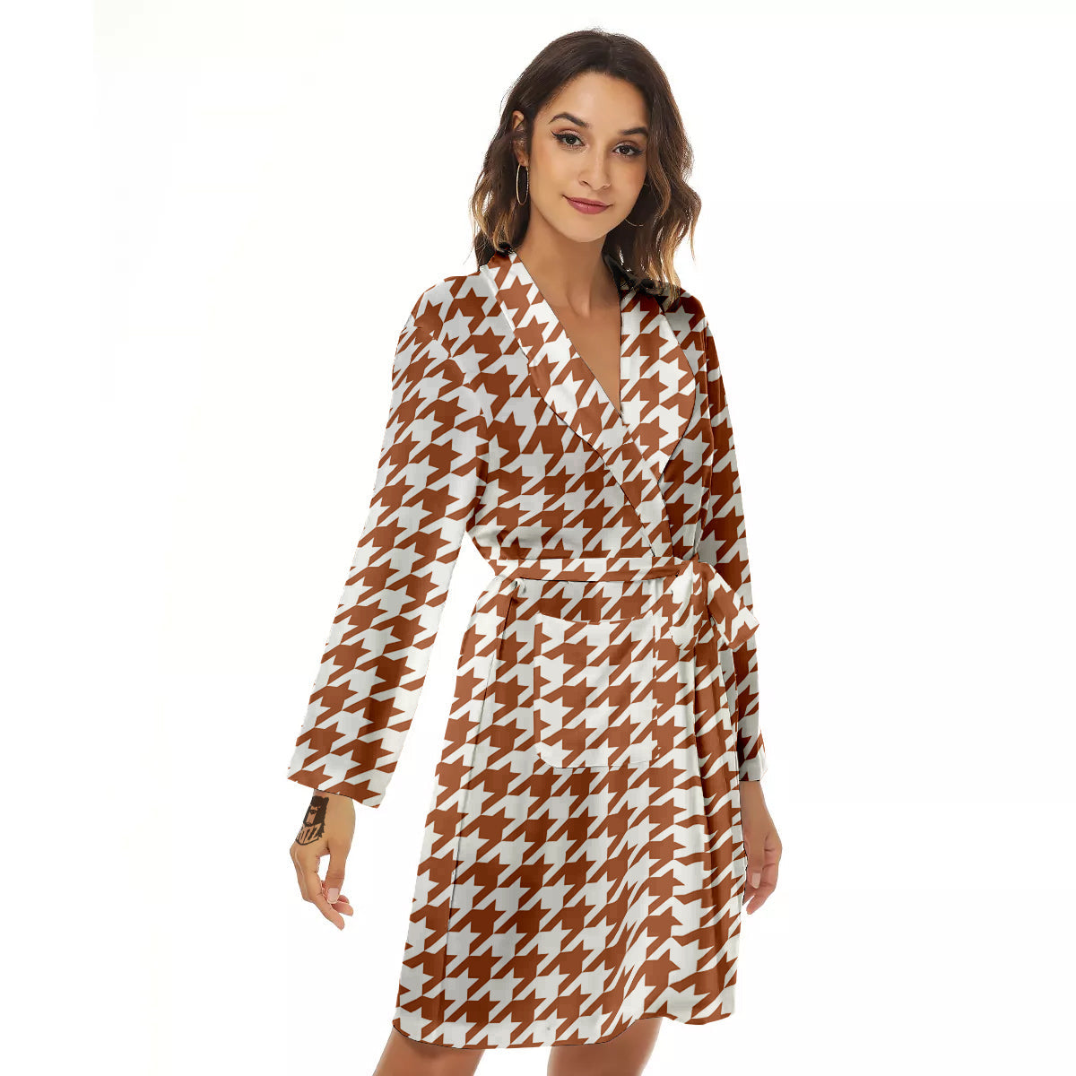 Bronze Houndstooth Print Women's Robe-grizzshop