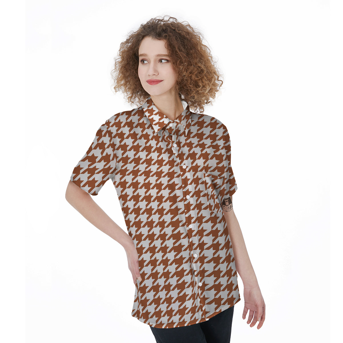 Bronze Houndstooth Print Women's Short Sleeve Shirts-grizzshop