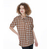 Bronze Houndstooth Print Women's Short Sleeve Shirts-grizzshop