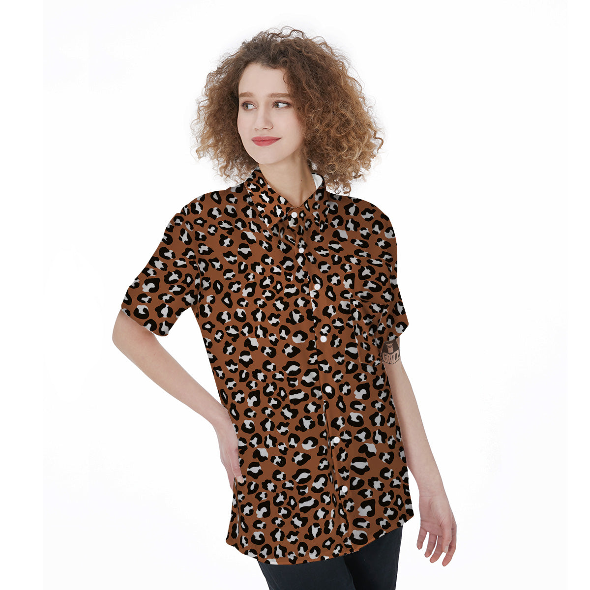 Bronze Leopard Print Pattern Women's Short Sleeve Shirts-grizzshop