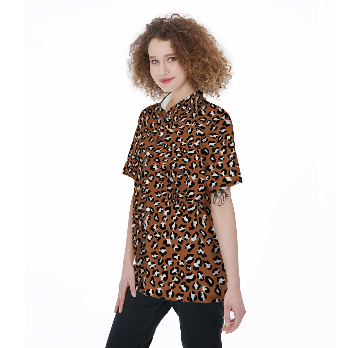 Bronze Leopard Print Pattern Women's Short Sleeve Shirts-grizzshop