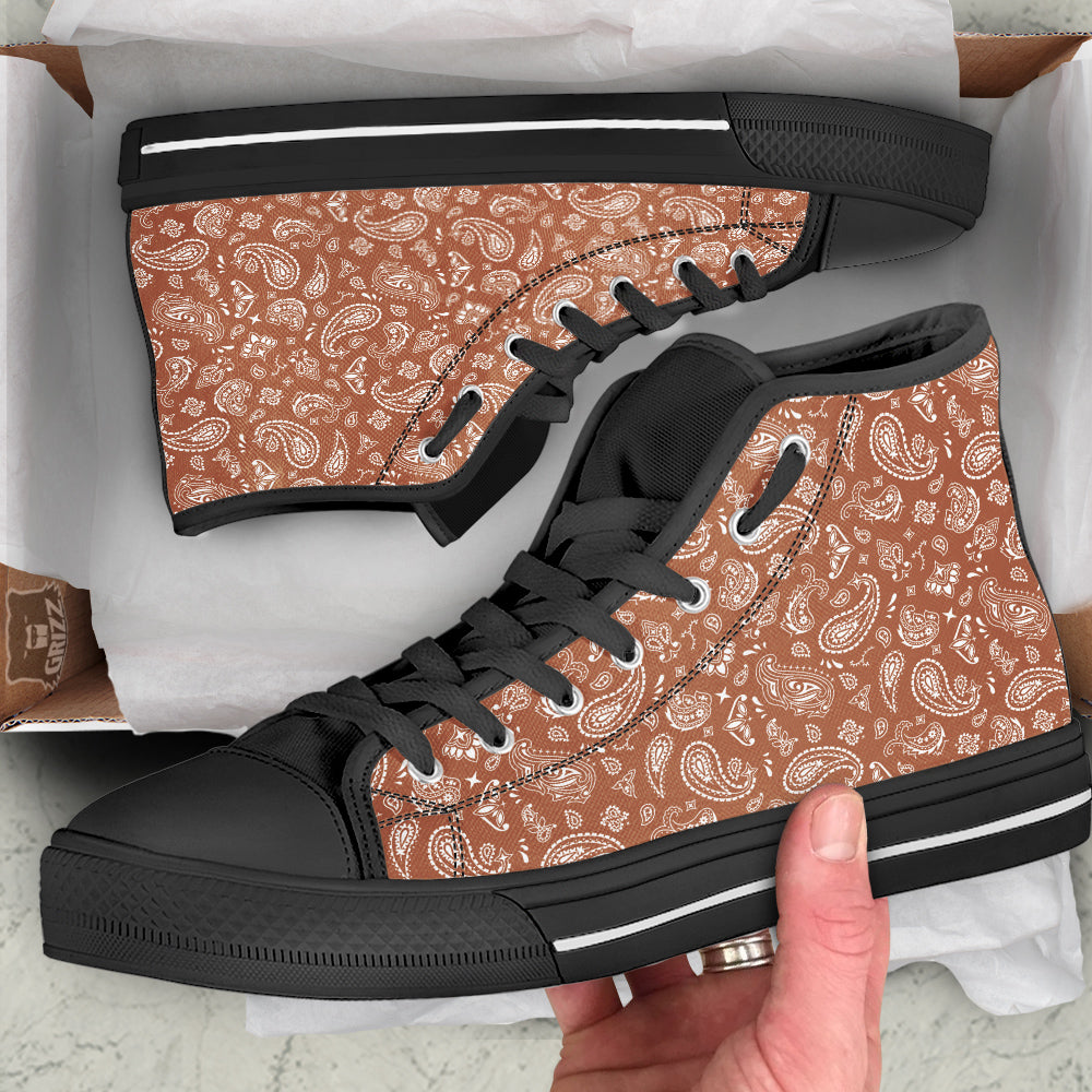 Bronze Paisley Bandana Print Black High Top Shoes-grizzshop