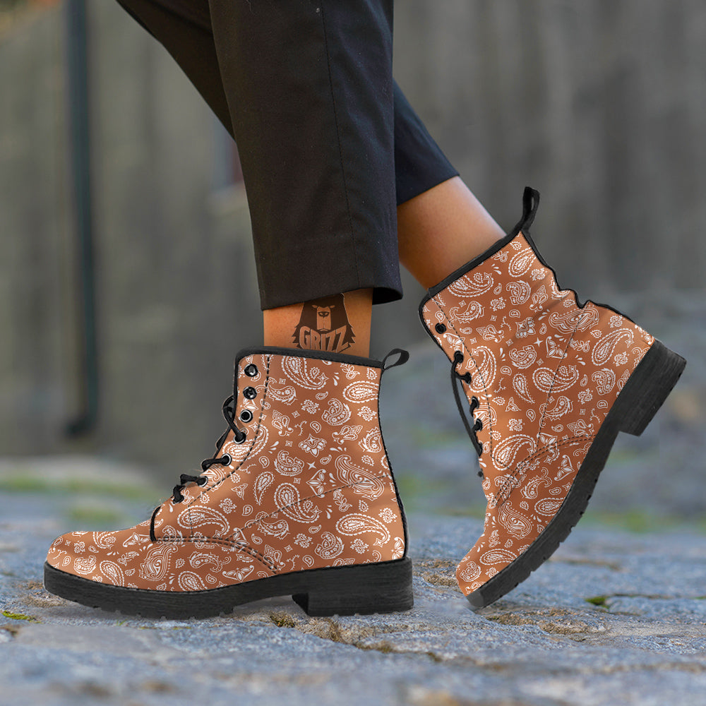 Bronze Paisley Bandana Print Leather Boots-grizzshop