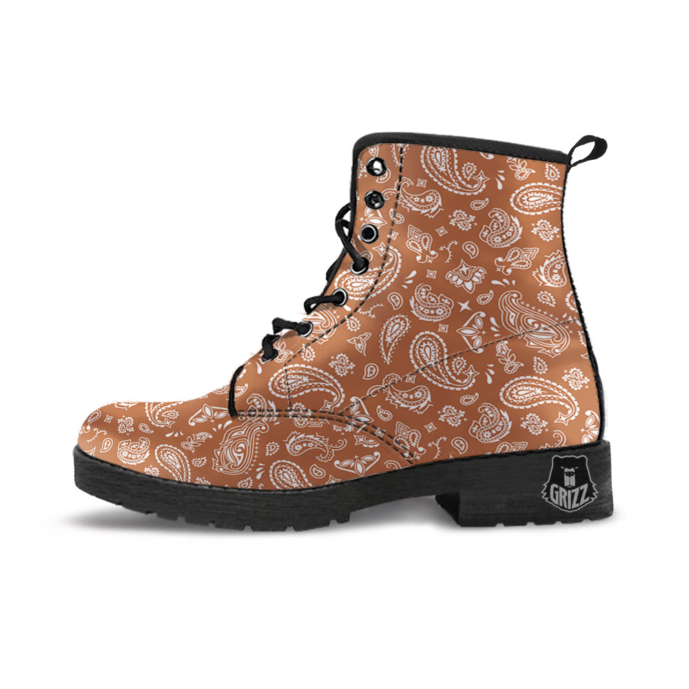 Bronze Paisley Bandana Print Leather Boots-grizzshop