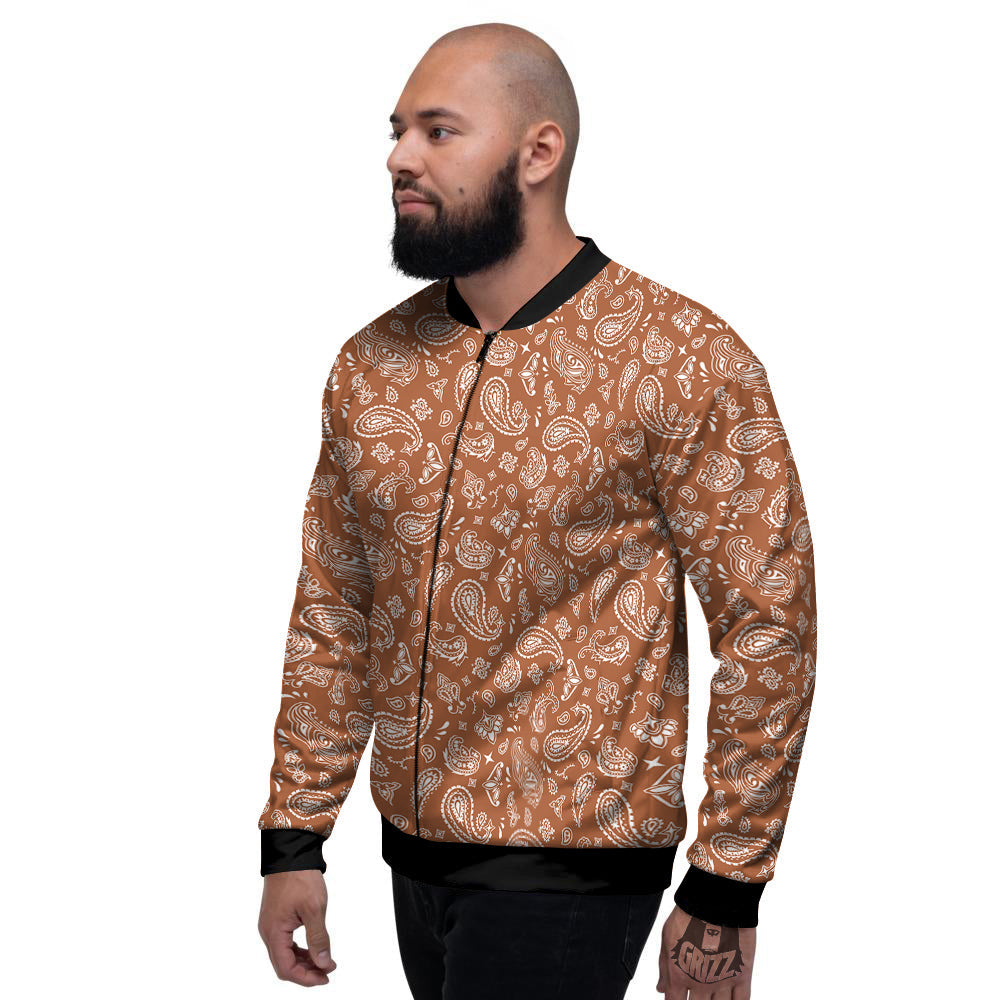 Bronze Paisley Bandana Print Men's Bomber Jacket-grizzshop