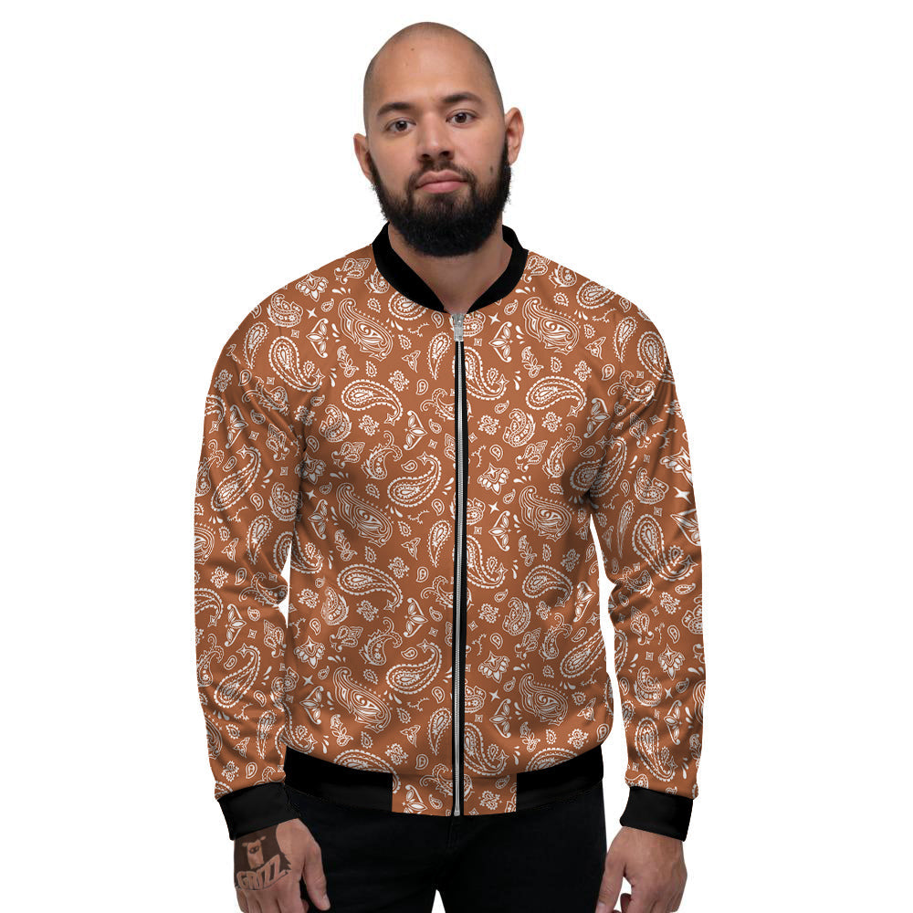 Bronze Paisley Bandana Print Men's Bomber Jacket-grizzshop