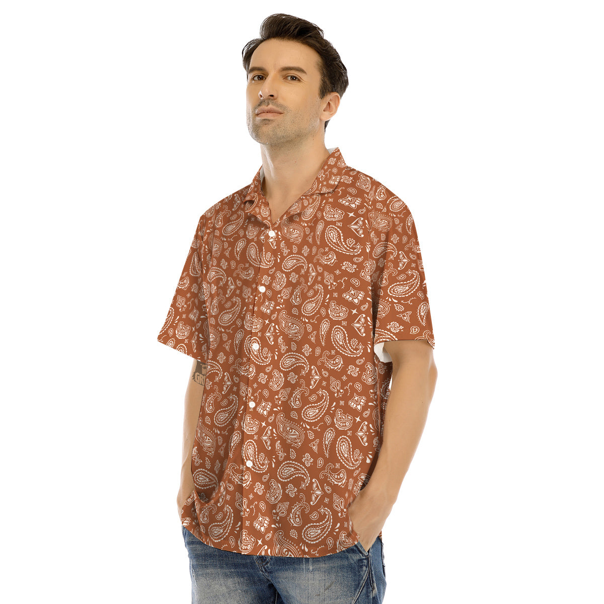 Bronze Paisley Bandana Print Men’s Hawaiian Shirt-grizzshop