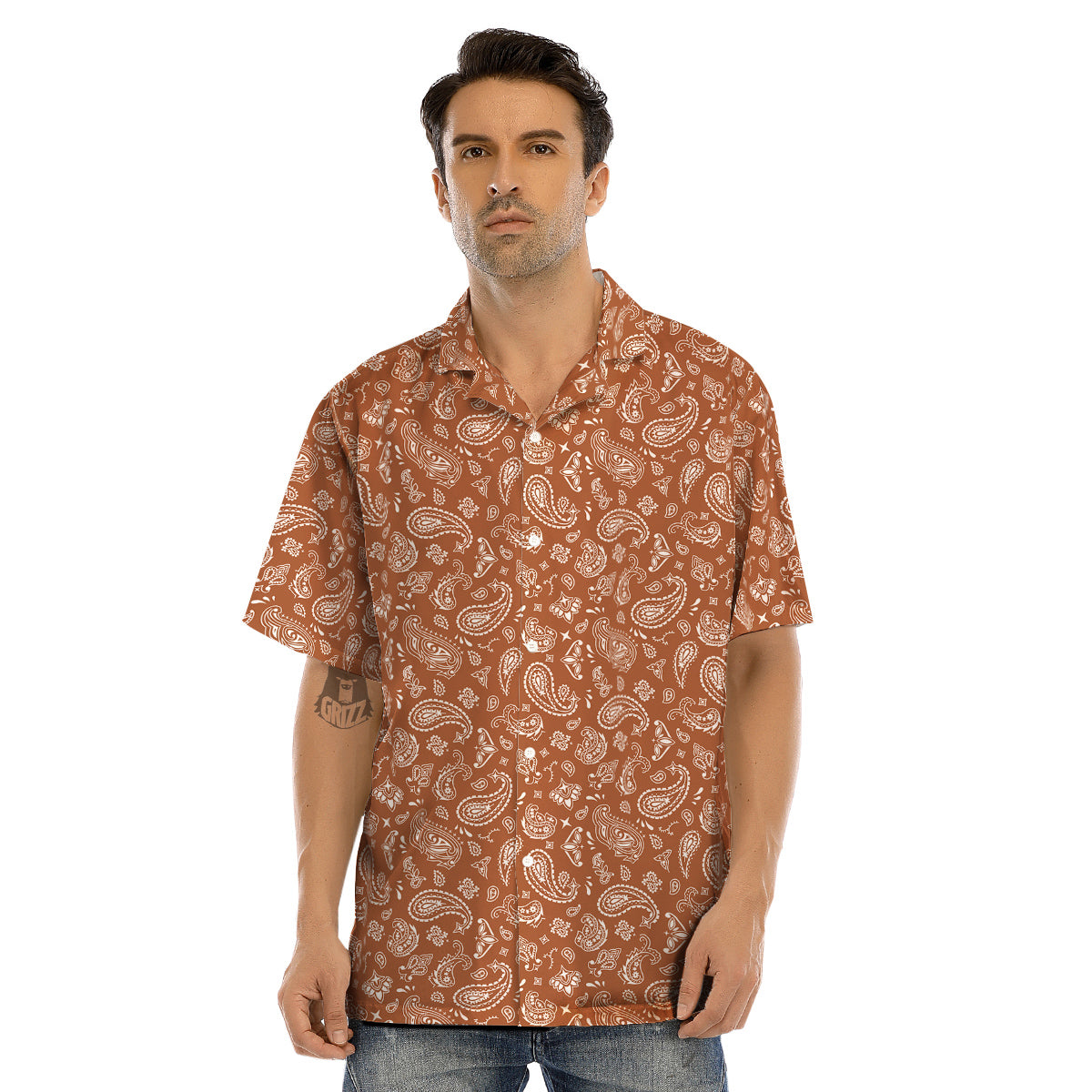 Bronze Paisley Bandana Print Men’s Hawaiian Shirt-grizzshop