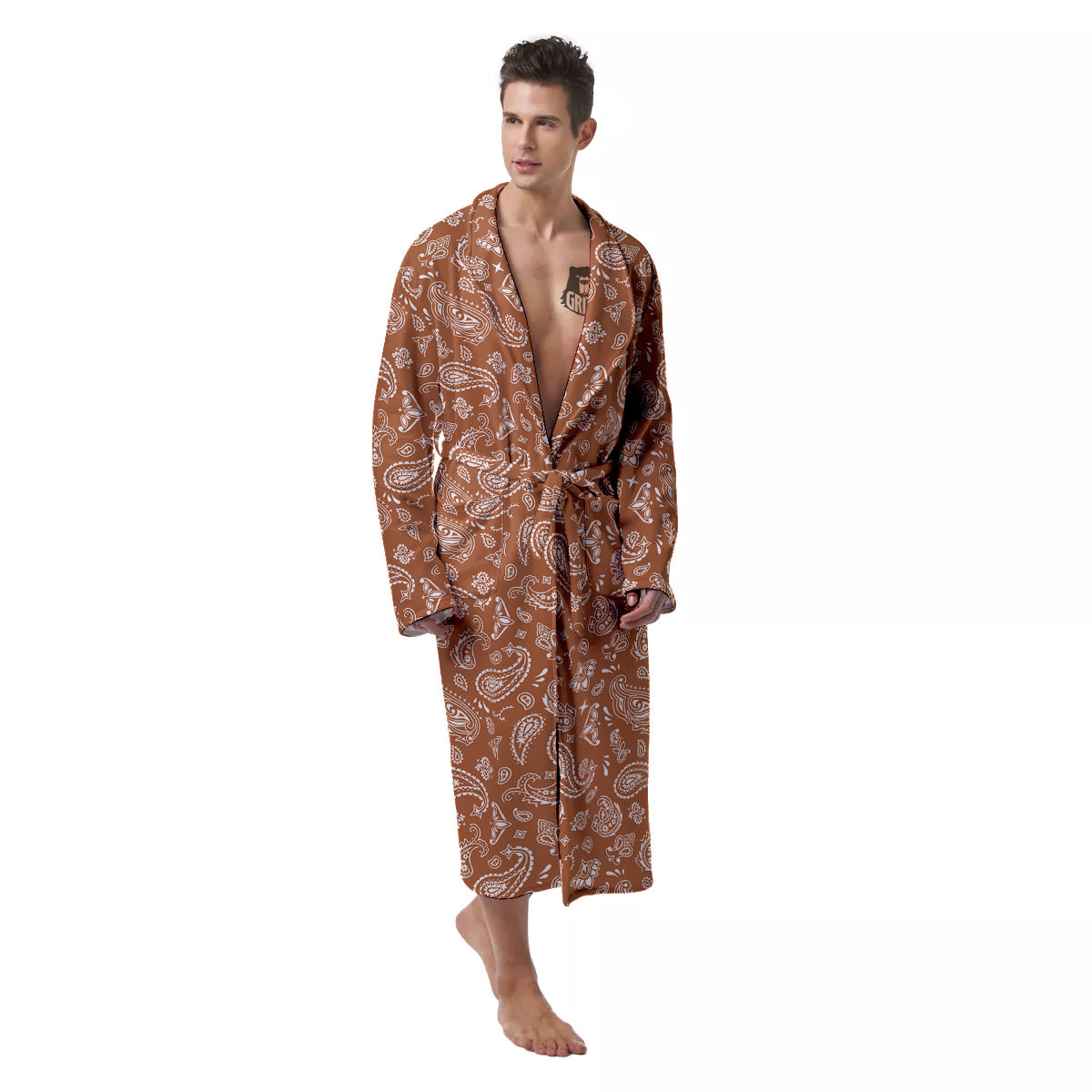 Bronze Paisley Bandana Print Men's Robe-grizzshop