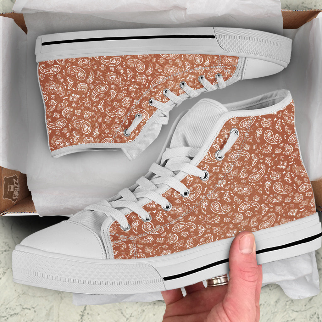 Bronze Paisley Bandana Print White High Top Shoes-grizzshop