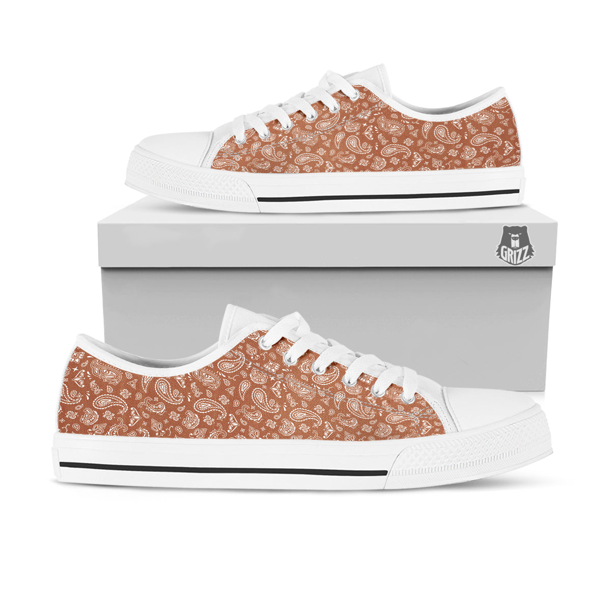 Bronze Paisley Bandana Print White Low Top Shoes-grizzshop