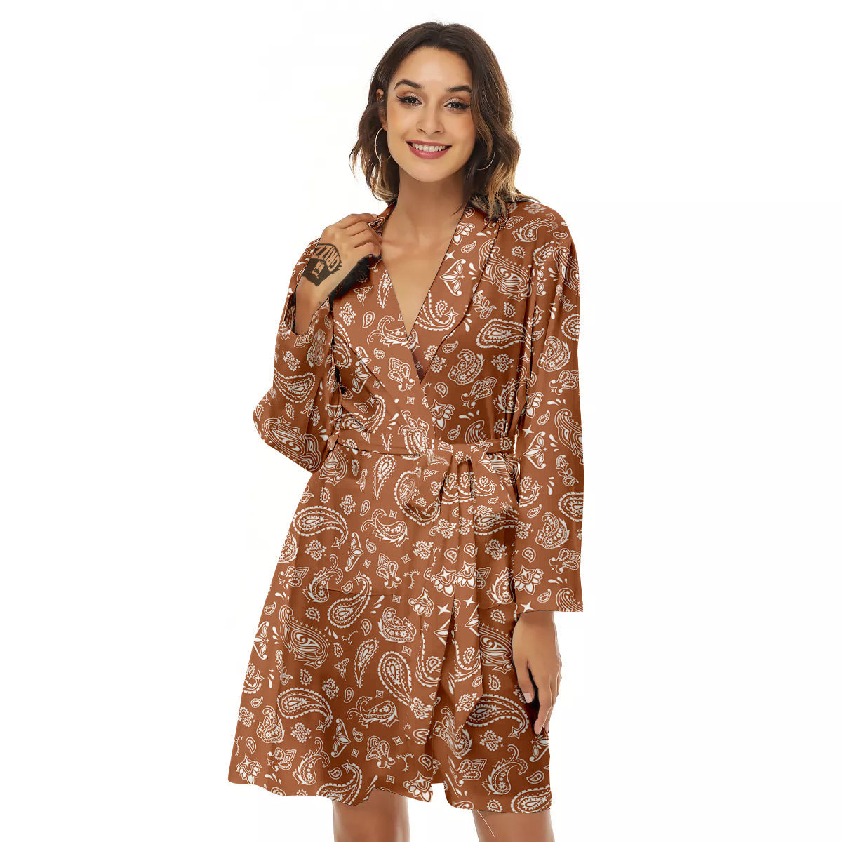 Bronze Paisley Bandana Print Women's Robe-grizzshop