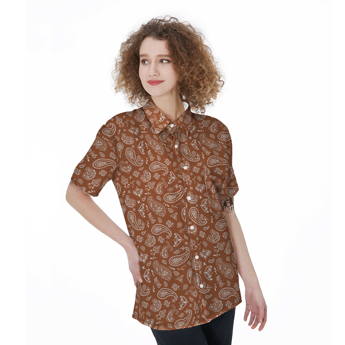 Bronze Paisley Bandana Print Women's Short Sleeve Shirts-grizzshop