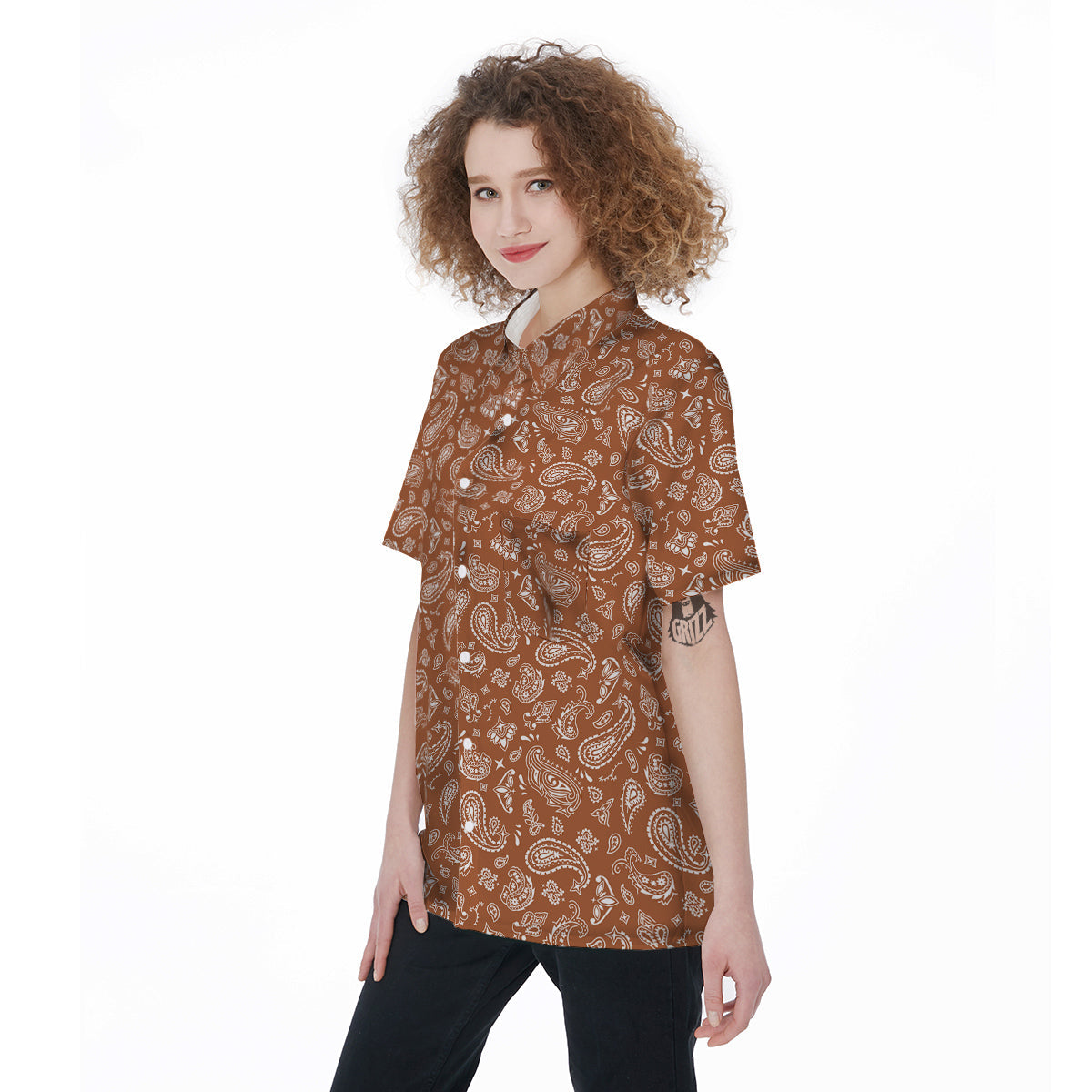 Bronze Paisley Bandana Print Women's Short Sleeve Shirts-grizzshop